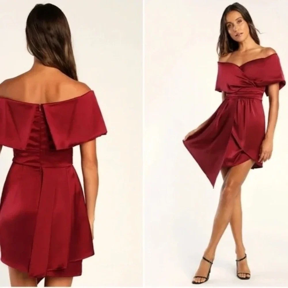 Lulus Always Celebrating Burgundy Satin Off-The-Shoulder Mini Dress Size M